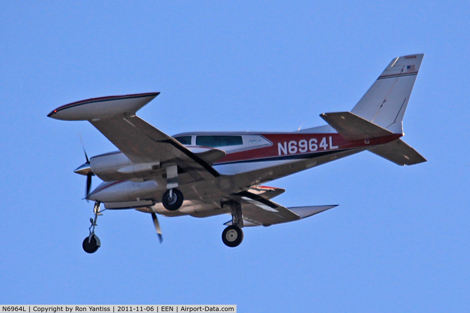 N6964L, 1966 Cessna 310K C/N 310K0064, Final approach straight in from the south, runway 02, Dillant-Hopkins Airport, Keene, NH