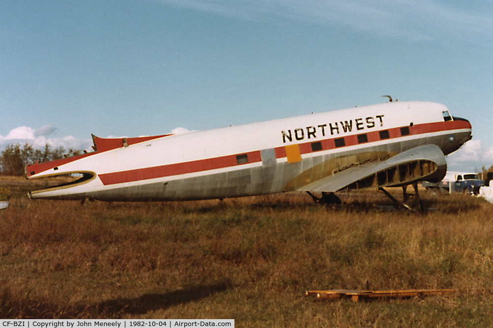 CF-BZI, 1943 Douglas C-47A Skytrain C/N 13448, Seen derelict at St. Albert, AB, Canada, in 1982, this DC-3 is now preserved with the Aerospace Museum in Calgary.