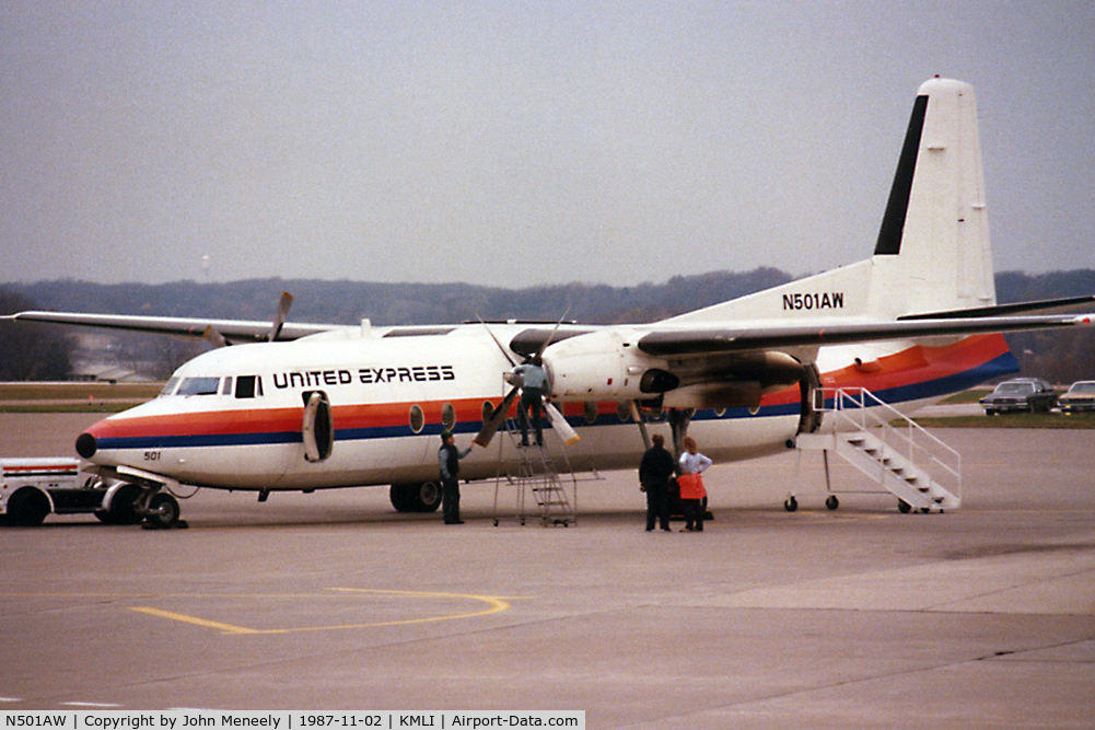 N501AW, 1985 Fokker F-27-500 Friendship C/N 10657, United Express between flights at MLI
