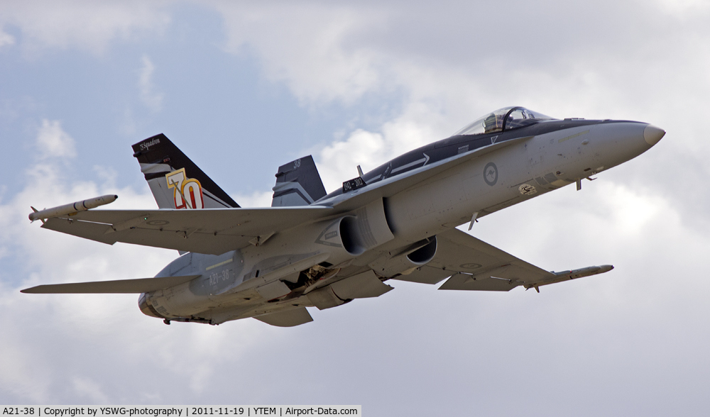A21-38, 1988 McDonnell Douglas F/A-18A Hornet C/N 0651/AF038, 75 Squadron F/A-18 Hornet with 70th Anniversary livery, flys over the Temora Aviation Museum as part of the Warbirds Downunder Airshow display.