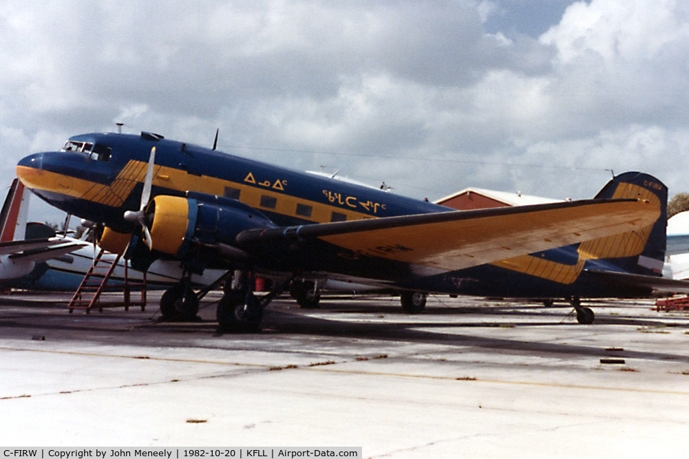 C-FIRW, Douglas DC-3C C/N 9834, Seen at KFLL in Oct. 1982 - looking pretty fit, considering she was written off after sinking through the ice on a frozen lake in Quebec in March 1981!