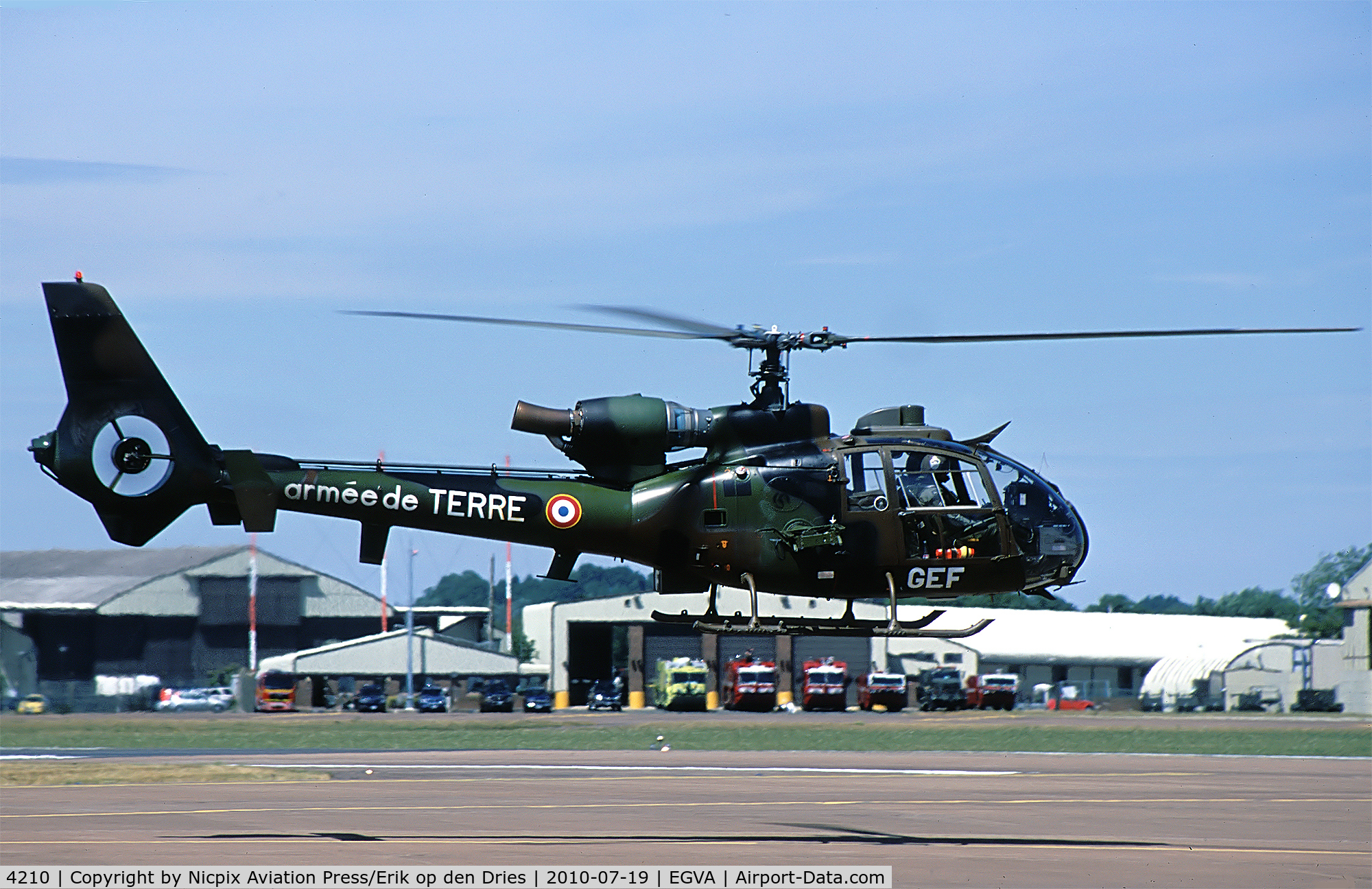 4210, Aérospatiale SA-342L-1 Gazelle C/N 2210, French Army Gazelle with registration 4210 and code GEF while leaving the RIAT-2010