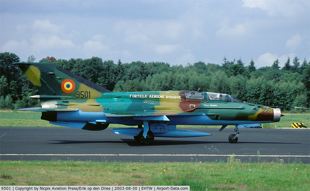 9501, Mikoyan-Gurevich MiG-21UM C/N 516941016, Seen here on the runway of Twenthe AB, The Netherlands, is Romania AF MiG-21UM Lancer B during a short visit to the Netherlands.