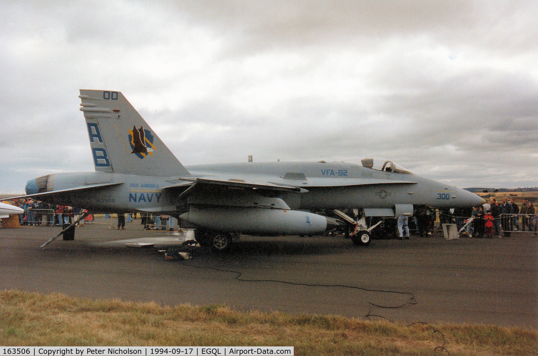 163506, 1988 McDonnell Douglas F/A-18C Hornet C/N 0752/C059, F/A-18C Hornet of Attack Squadron VFA-82 aboard USS America in CVW-1 CAG special markings on display at the 1994 RAF Leuchars Airshow.