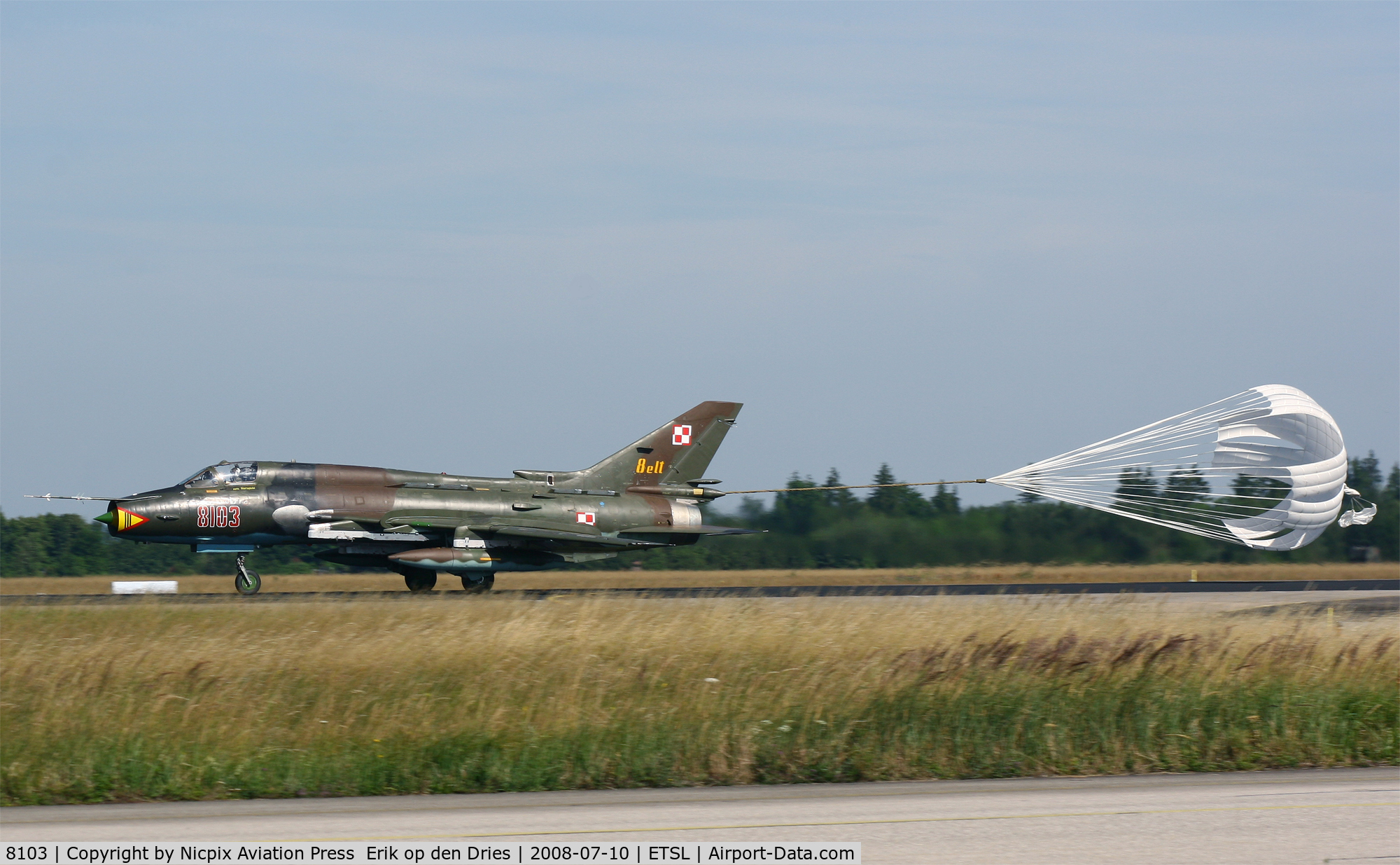 8103, Sukhoi Su-22M-4 C/N 28103, Poland participated in ELITE-2008 with Su-22 of 8 Wing. 8103 is seen here while landing at Lechfeld AB.