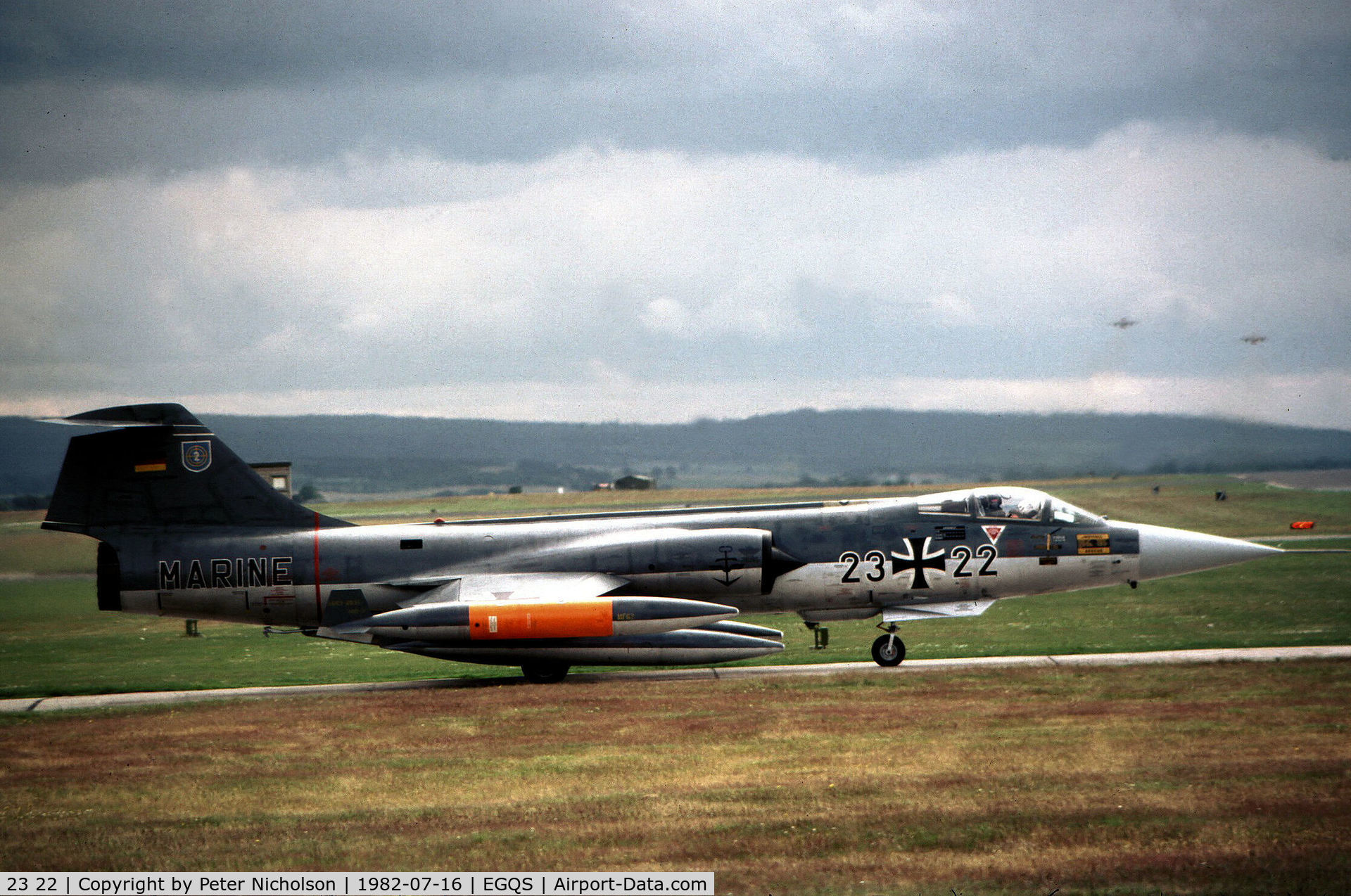 23 22, Lockheed F-104G Starfighter C/N 683-7206, F-104G Starfighter of MFG-2 awaiting clearance to joim the active runway at RAF Lossiemouth in July 1982.