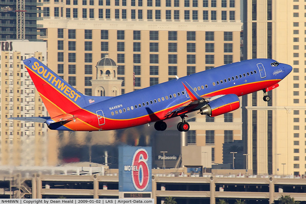 N448WN, 2003 Boeing 737-7H4 C/N 33721, Southwest Airlines N448WN (FLT SWA781) climbing out from RWY 1R en route to Chicago Midway Int'l (KMDW).