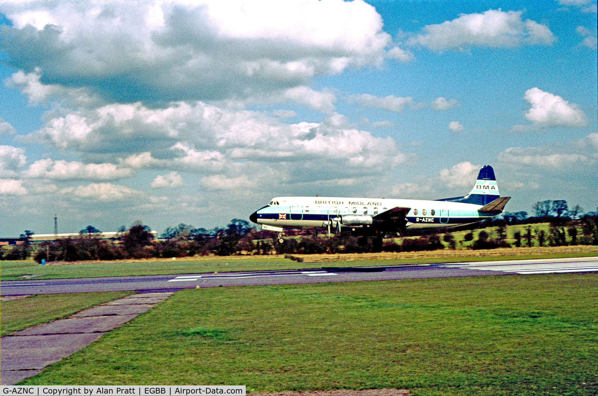G-AZNC, 1959 Vickers Viscount 813 C/N 352, In British Midland livery landing on RW/33 1970`s.