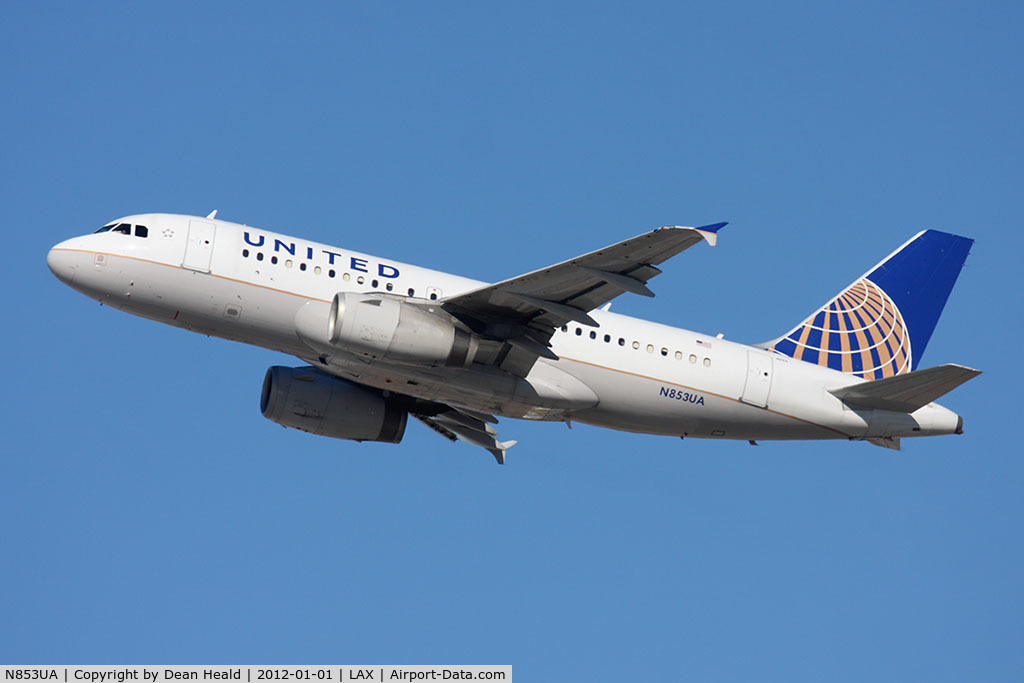 N853UA, 2002 Airbus A319-131 C/N 1688, United Airlines N853UA (FLT UAL312) climbing out from RWY 25R en route to Las Vegas McCarran Int'l (KLAS).