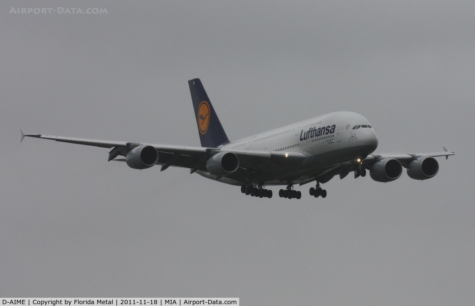 D-AIME, 2010 Airbus A380-841 C/N 061, Lufthansa A380 landing on runway 9 in heavy rain
