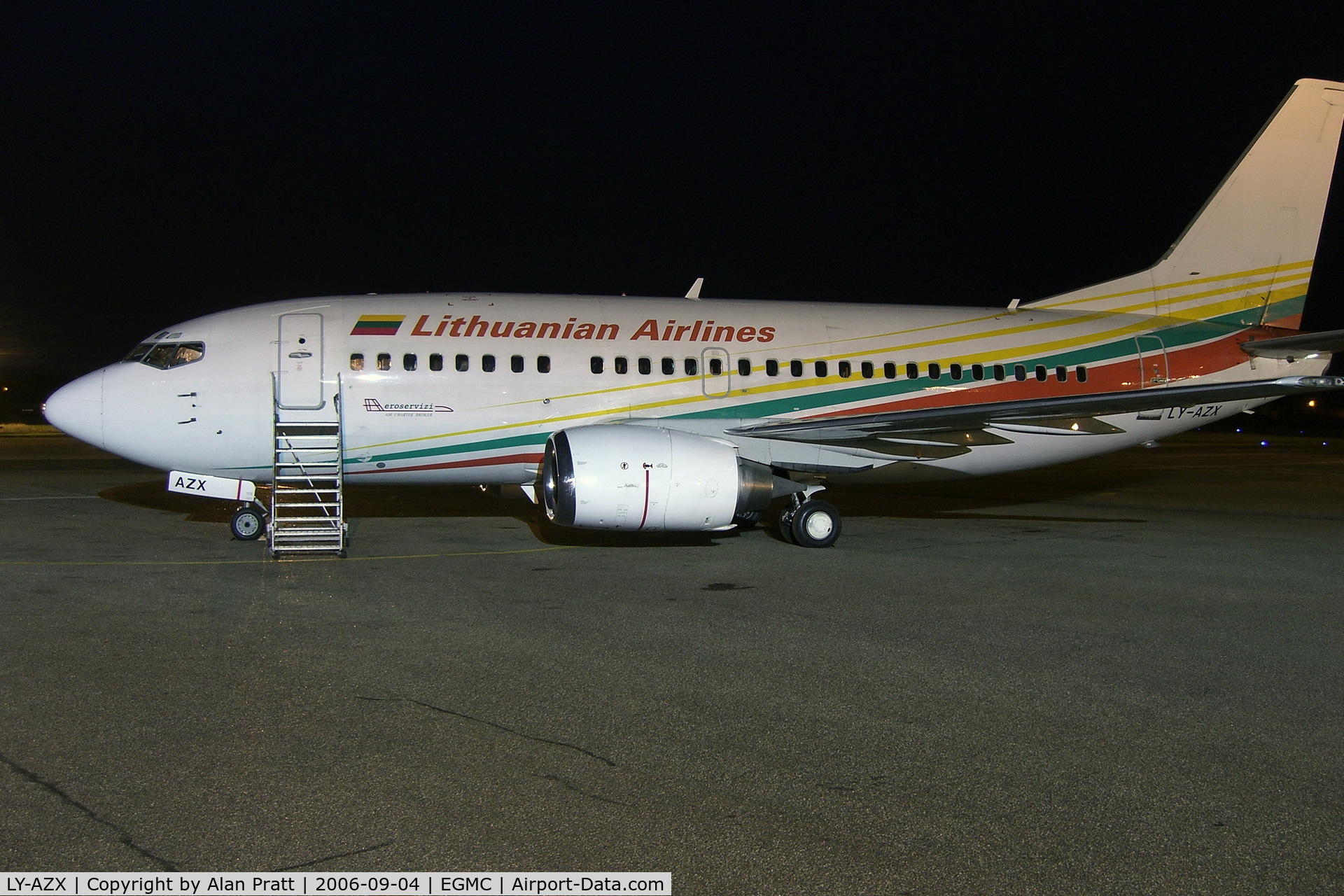 LY-AZX, 1997 Boeing 737-5Q8 C/N 28052, Night shot . Aircraft was in for maintenance.