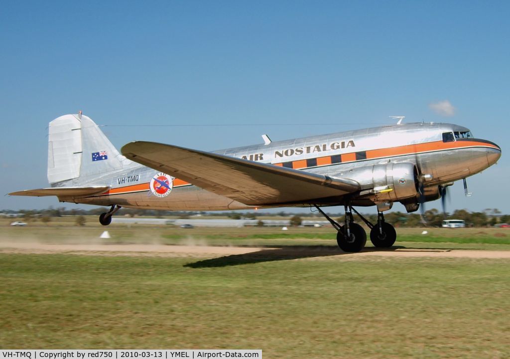 VH-TMQ, 1944 Douglas C-47B Skytrain C/N 16136/32884, Tail wheel off the ground in take-off run at the Harry Houdini Commemorative Airshow at Melton in March 2010