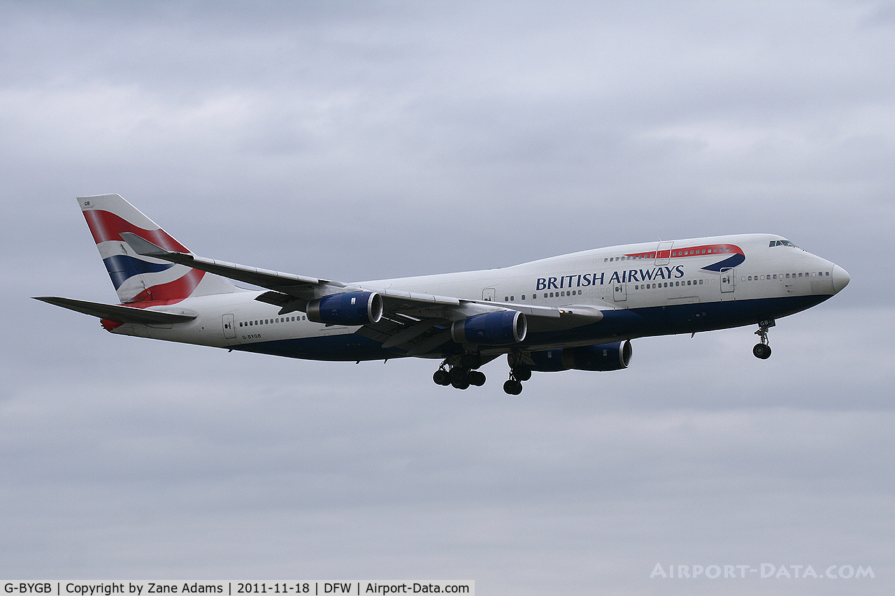 G-BYGB, 1999 Boeing 747-436 C/N 28856, British Airways landing at DFW Airport