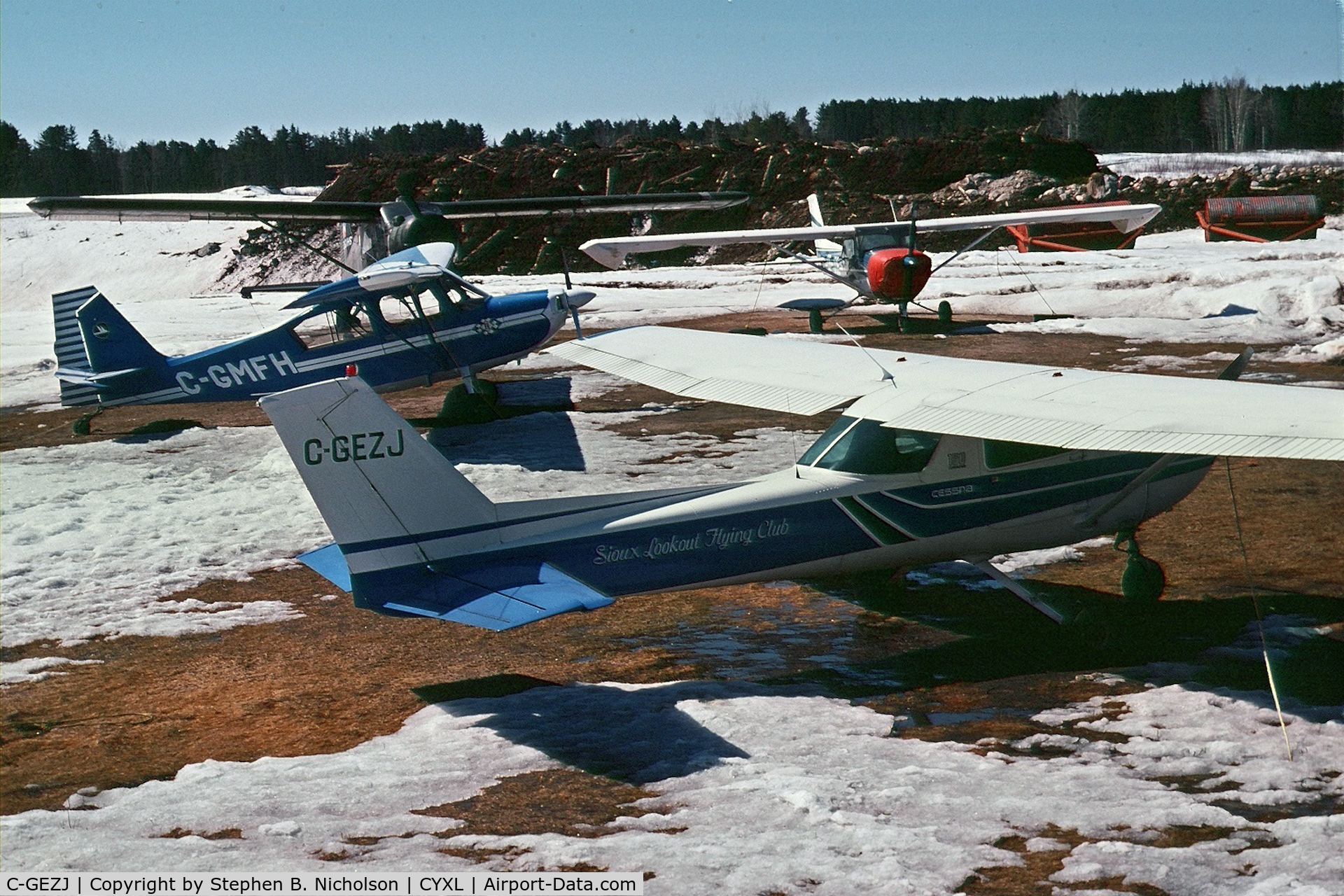 C-GEZJ, Cessna 150L C/N 15075708, Tied up at Sioux Lookout Flying Club's space at Sioux Lookout Airport, 1978