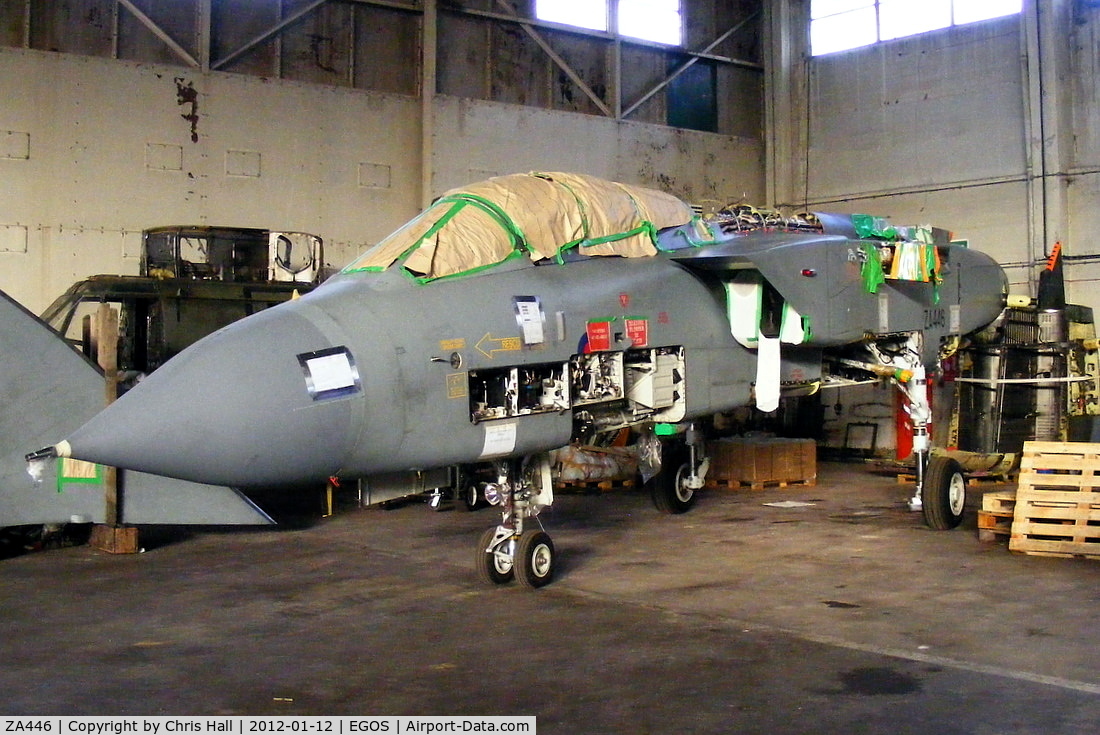 ZA446, 1983 Panavia Tornado GR.4 C/N 234/BS076/3112, involved in a CAT3 accident in January 2010,now stored inside the Aircraft Maintenance & Storage Unit hangar
