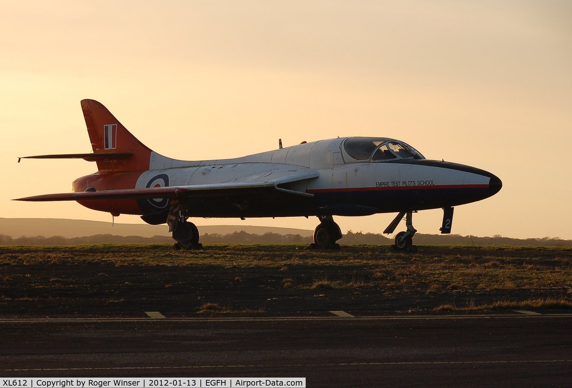 XL612, 1958 Hawker Hunter T.7 C/N 41H-695346, Seen at dusk, Hunter Flying Ltd's Hawker Hunter T.7 on loan to the airport for 2 to 3 years.
