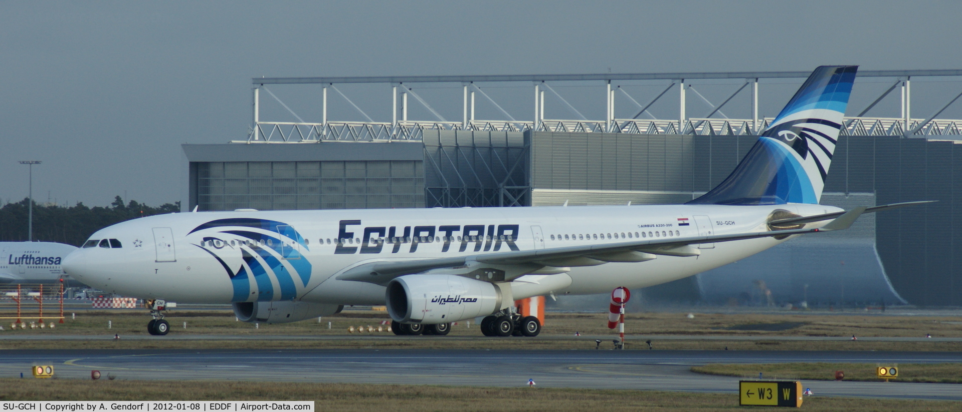 SU-GCH, 2005 Airbus A330-243 C/N 683, Egypt Air, is seen here taxiing to parking position after landing at Frankfurt Int´l (EDDF)