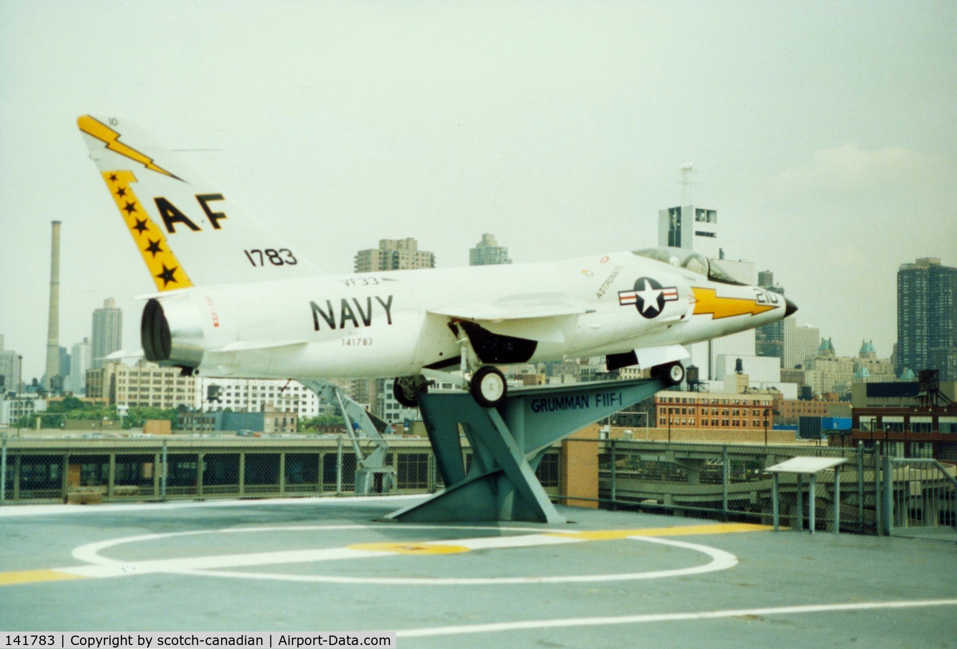 141783, Grumman F-11A Tiger C/N 100, Grumman F11F-1 Tiger S/N 141783 at the Intrepid Sea-Air-Space Museum, New York City, NY - circa early 1990's