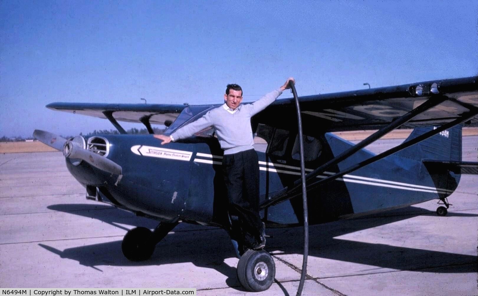 N6494M, 1948 Stinson 108-3 Voyager C/N 108-4494, Belonged to the Wilmington Star News and delivered papers within a 100 mile radius of Wilmington NC.  It was used to take pictures of hurricane Hazel damage up and down the east coast. Pilot was Jack Bennett. Picture taken circa 1954.