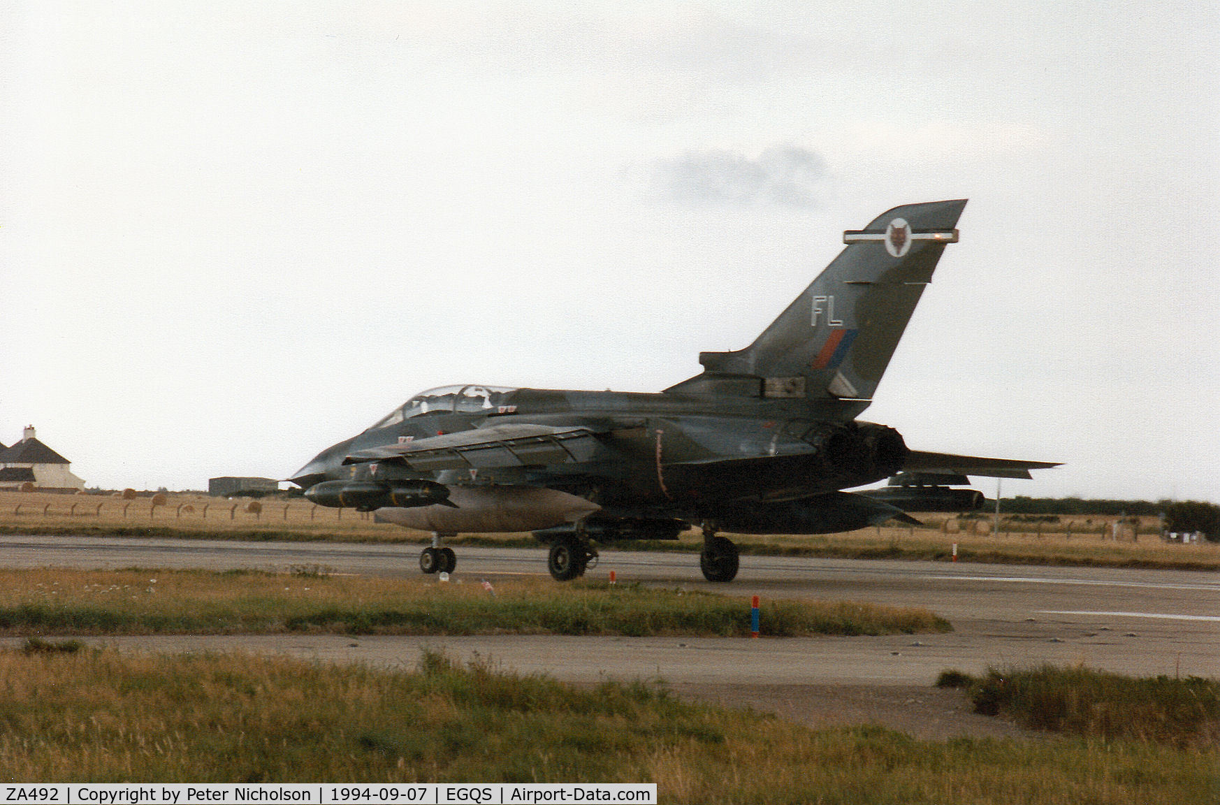 ZA492, 1983 Panavia Tornado GR.1B C/N 310/BS108/3144, Tornado GR.1B, callsign Saxon 1, of 12 Squadron preparing to take-off on Runway 05 at RAF Lossiemouth in September 1994.