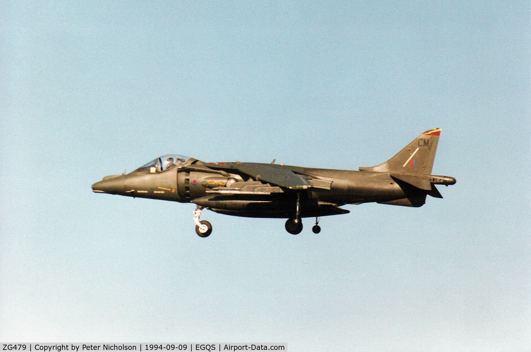 ZG479, 1990 British Aerospace Harrier GR.7 C/N P69, Harrier GR.7, callsign Rafair 620 Charlie, of 4 Squadron landing at RAF Lossiemouth in September 1994.