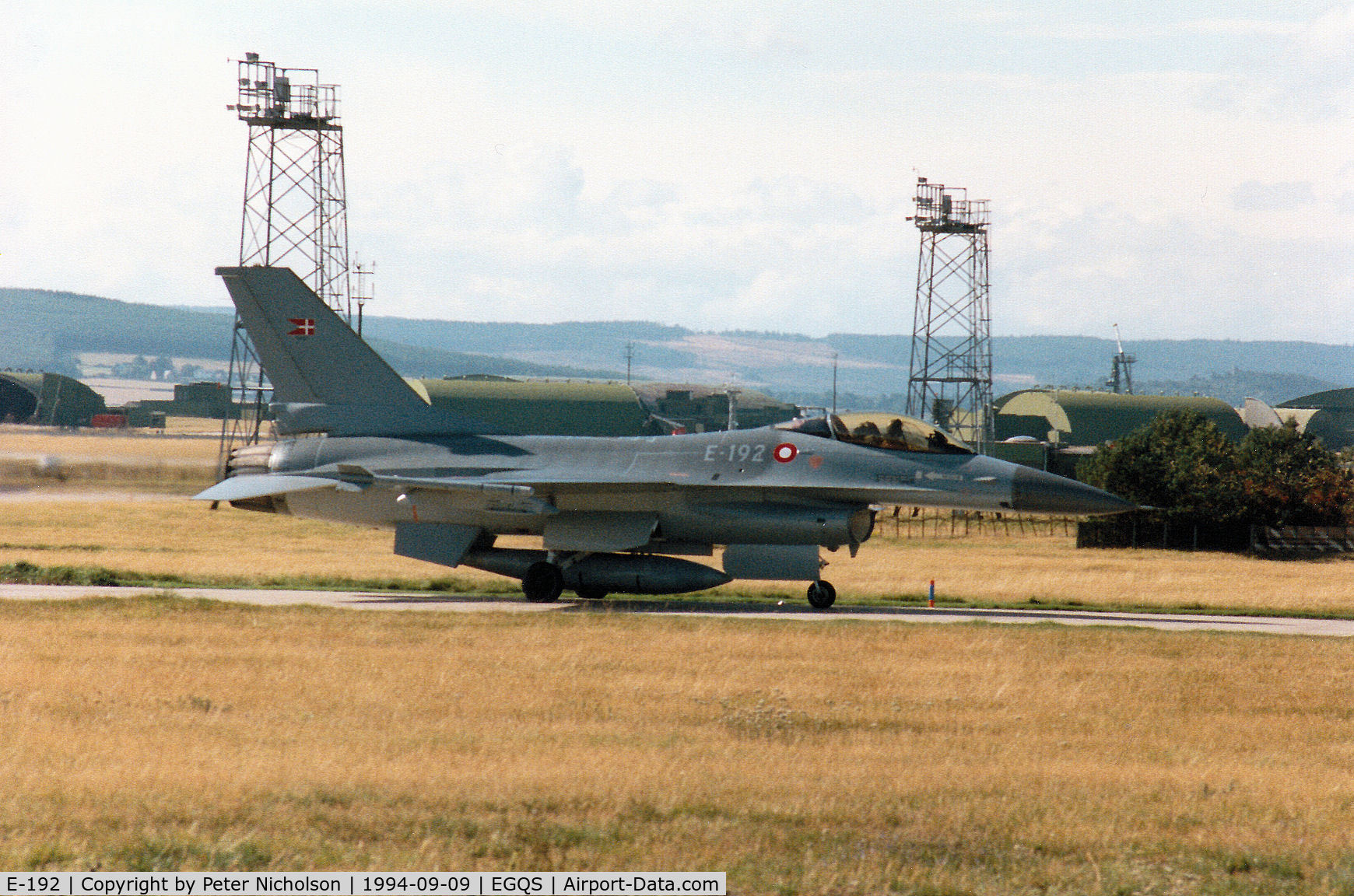 E-192, SABCA F-16AM Fighting Falcon C/N 6F-19, F-16A Falcon of Eskradille 730 Royal Danish Air Force based at Skrydstrup taxying to join Runway 23 at RAF Lossiemouth in September 1994.