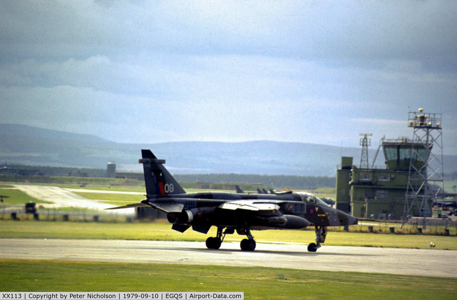 XX113, 1973 Sepecat Jaguar GR.1 C/N S.6, Jaguar GR.1 of 226 Operational Conversion Unit taking off Runway 23 at RAF Lossiemouth in September 1979.