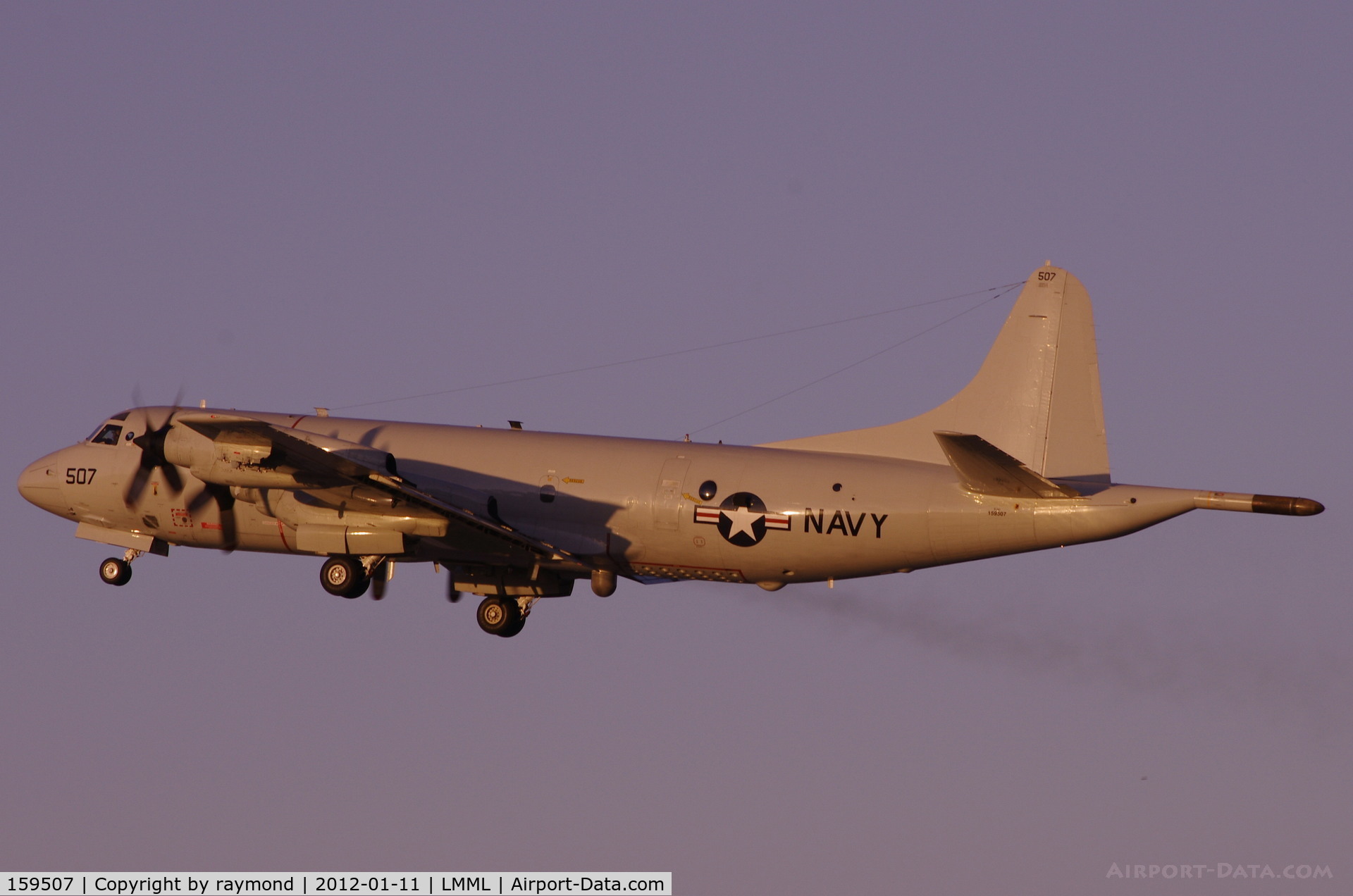 159507, Lockheed P-3C Orion C/N 285A-5625, P3-C Orion 159507 of United States Navy performed some touch and goes in Malta and continued to destination on 11 Jan 12.