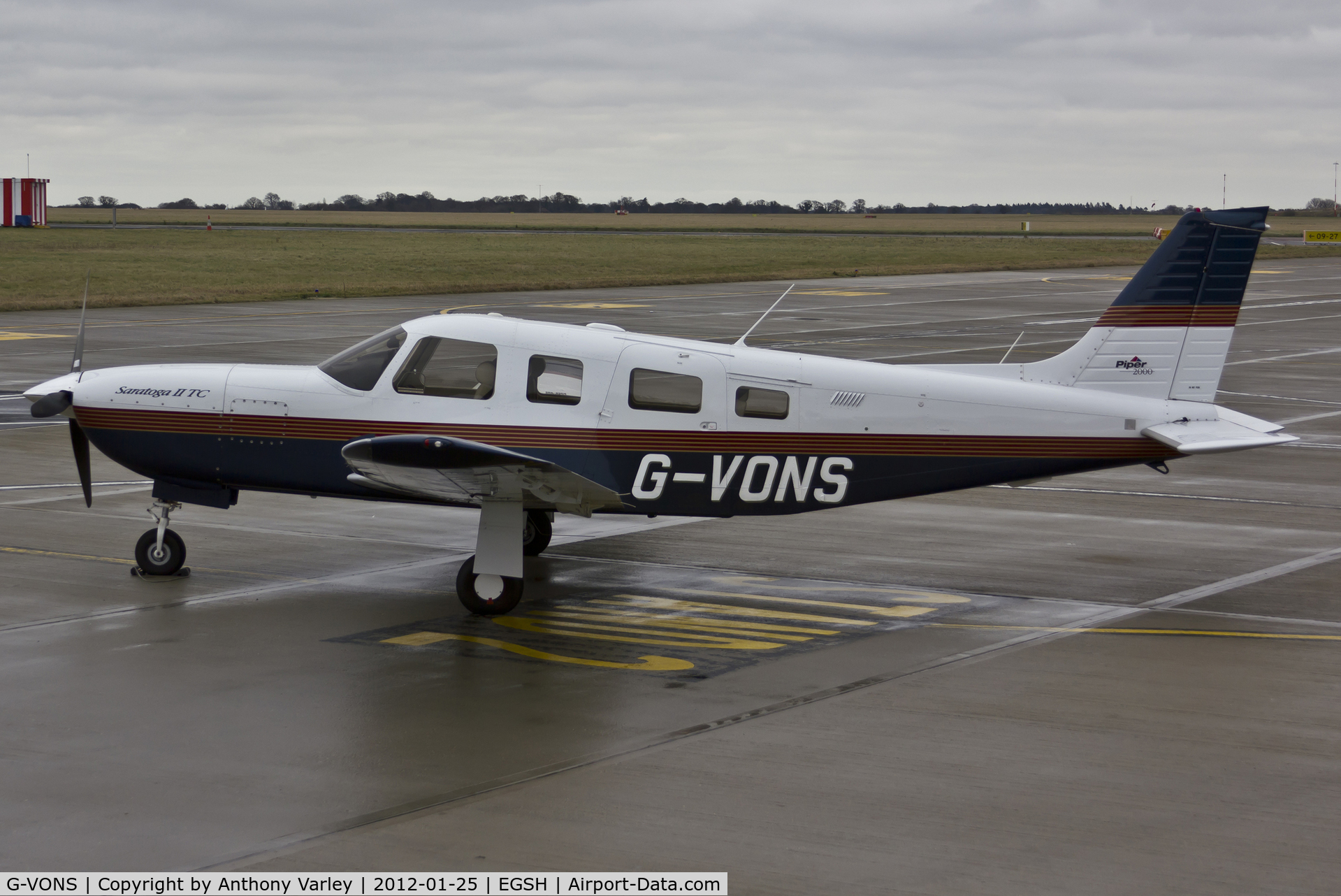 G-VONS, 2000 Piper PA-32R-301T Saratoga II TC Turbo Saratoga C/N 3257155, Sat on stand at SaxonAir