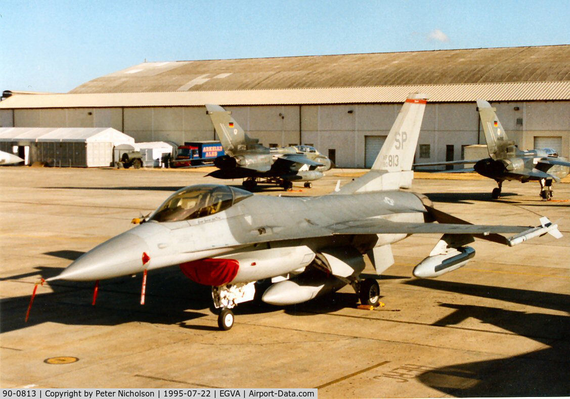 90-0813, 1990 General Dynamics F-16CG Night Falcon C/N CC-13, F-16C Falcon, callsign Shack 02, of 22nd Fighter Squadron/52nd Fighter Wing based at Spangdahlem on the flight-line at the 1995 Intnl Air Tattoo at RAF Fairford.
