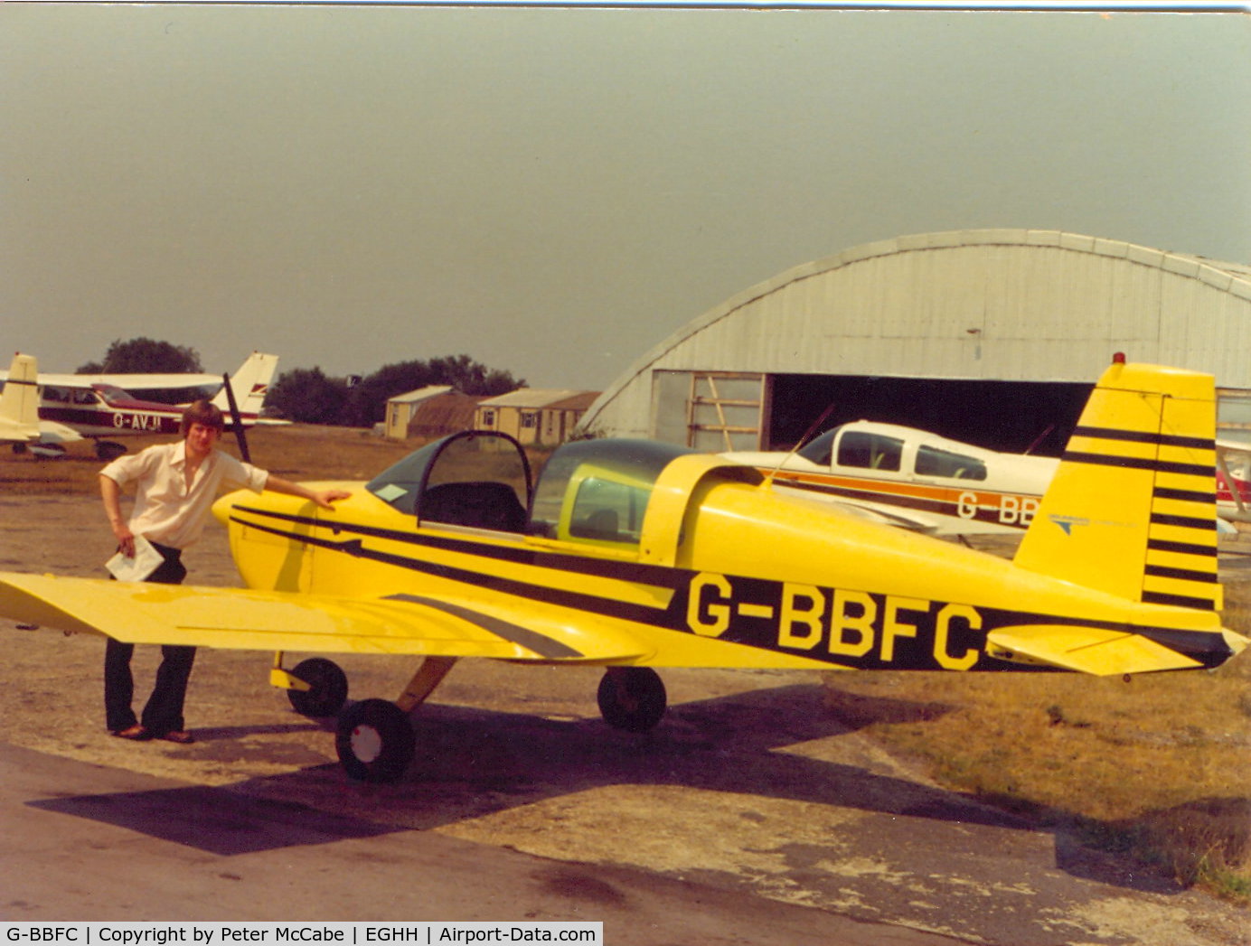 G-BBFC, 1973 Grumman American AA-1B Trainer C/N AA1B-0245, G-BBFC taken at Bournemouth Hurn Airport (now Bournemouth International) around 1974