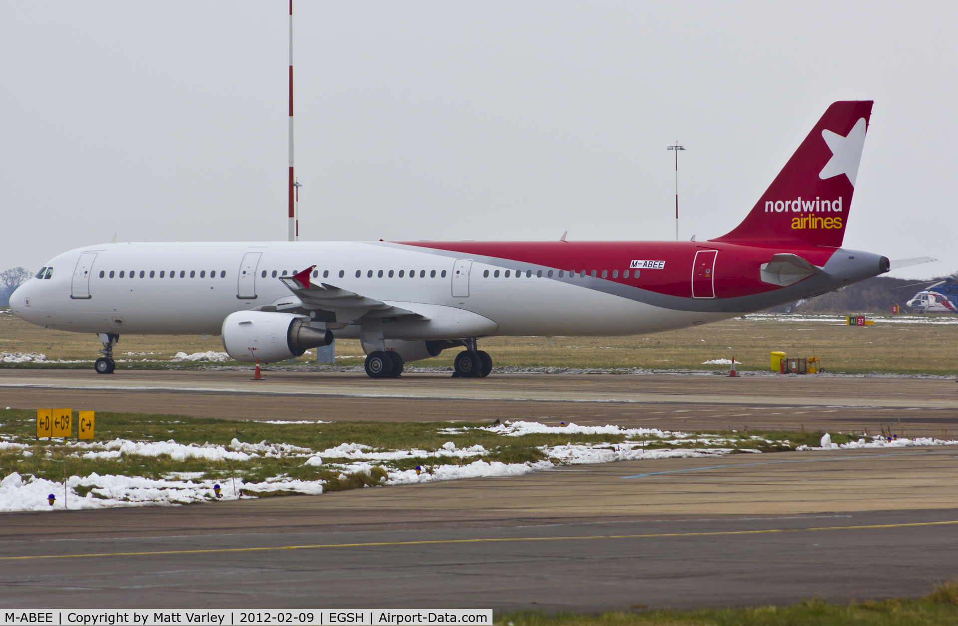 M-ABEE, 2000 Airbus A321-211 C/N 1233, Sat on stand 8 after spray into Nordwind Airlines livery.