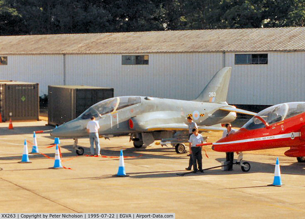 XX263, 1978 Hawker Siddeley Hawk T.1A C/N 099/312099, Hawk T.1A of 19(Reserve) Squadron/7 Flying Training School at RAF Chivenor on the flight-line at the 1995 Intnl Air Tattoo at RAF Fairford.