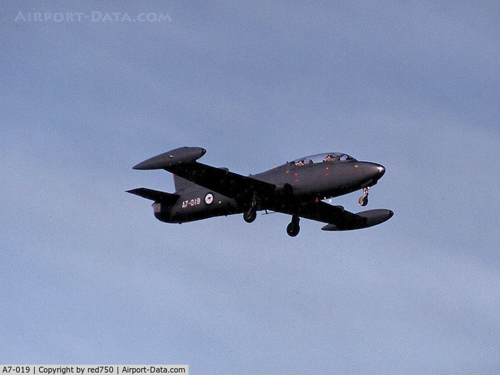A7-019, 1968 Aermacchi MB-326H C/N CA30-19, Photograph by Edwin van Opstal with permission. Scanned from a color print. Macchi 326H built under licence.