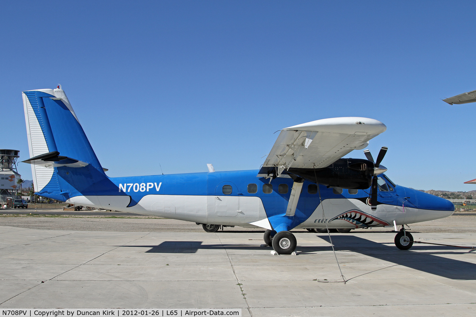 N708PV, 1976 De Havilland Canada DHC-6-300 Twin Otter C/N 489, Another in the shark-mouth DHC-6 series at Perris Valley