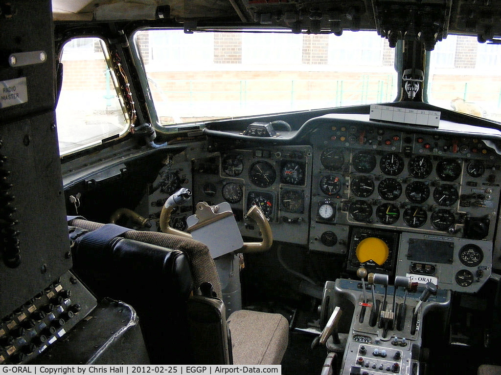 G-ORAL, 1977 Hawker Siddeley HS.748 Series 2A C/N 1756, inside the cockpit of G-ORAL, now preserved on the old Speke aerodrome apron