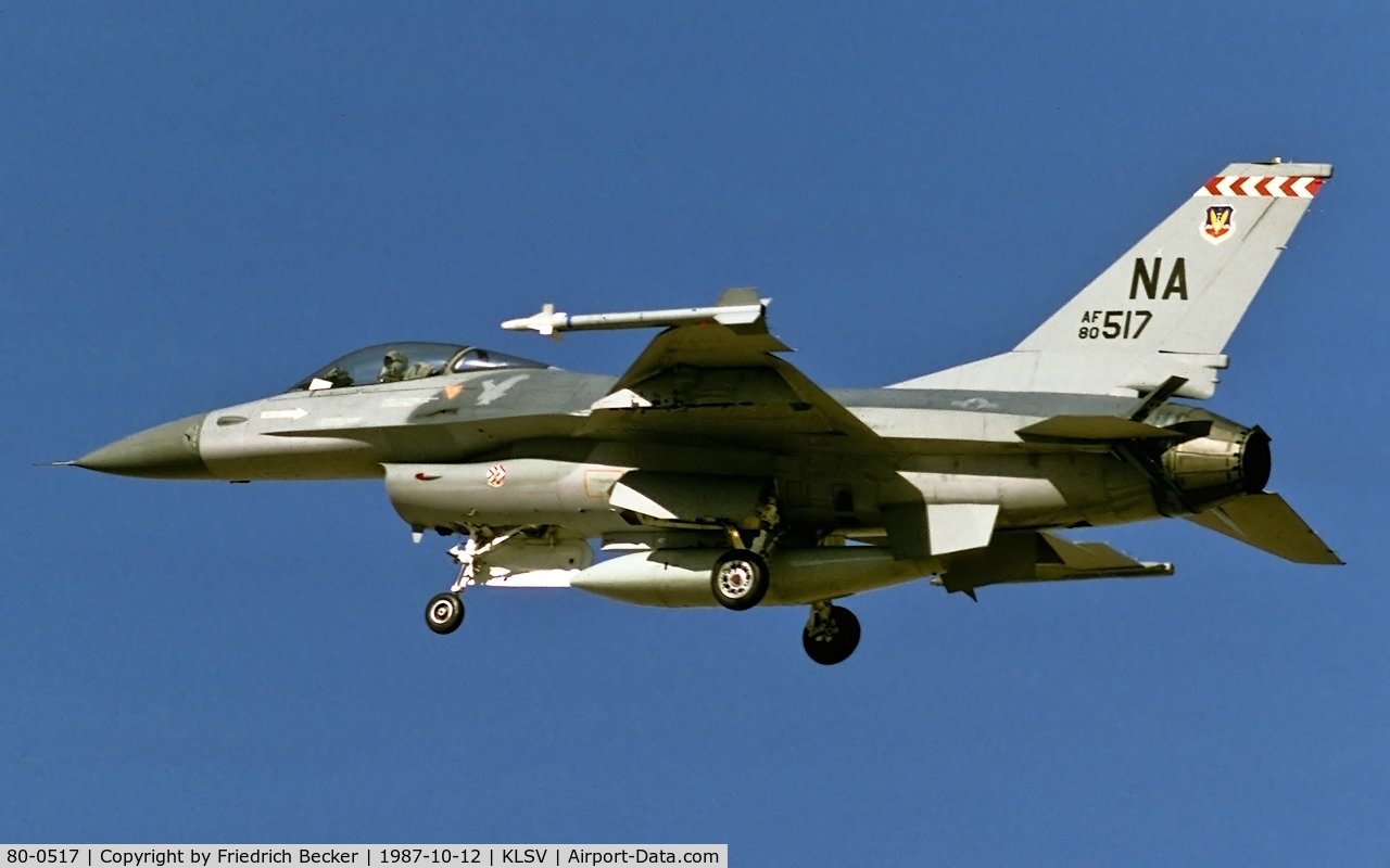 80-0517, 1980 General Dynamics F-16A-10-CF C/N 61-238/M10-34, on final at Nellis AFB, a/c went to Israel in 1990s under Peace Marble I