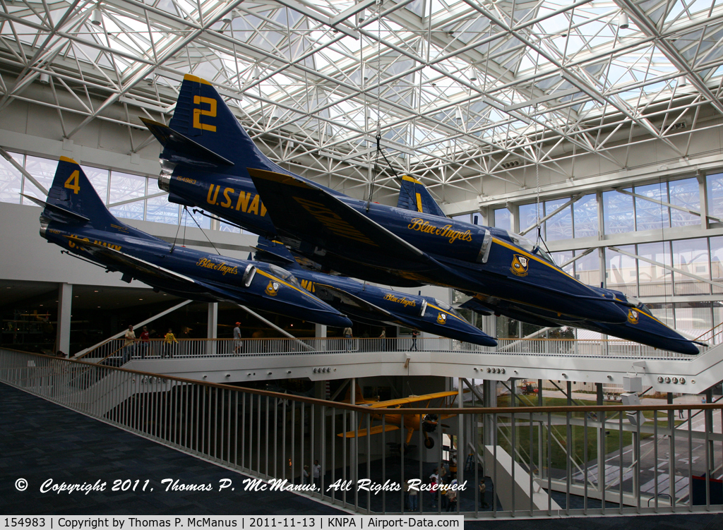 154983, Douglas A-4F Skyhawk C/N 13799, Blue Angel #2 on display as part of the Blue Angel diamond formation  in the atrium in the National Museum of Naval Aviation at NAS Pensacola, FL.