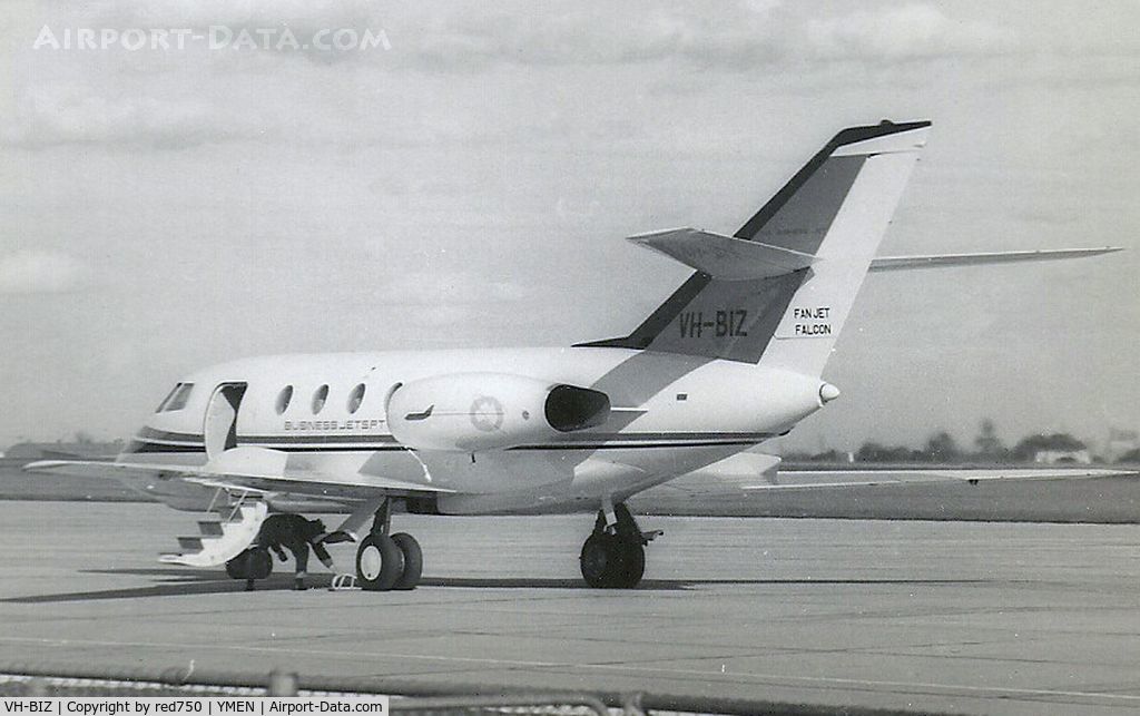 VH-BIZ, 1967 Dassault Falcon 20CC C/N 073, This image was scanned from a b&w print taken some time in the early 1960's at Essendon. This was the first business jet in Australia and the only example of the Falcon 20CC built, with dual wheels and low pressure tyres for use on unimproved strips.