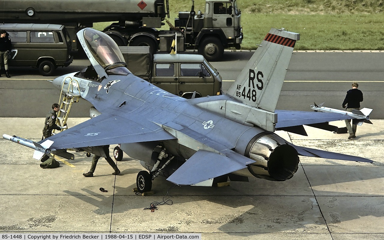 85-1448, 1985 General Dynamics F-16C Fighting Falcon C/N 5C-228, transient at Fliegerhorst Pferdsfeld