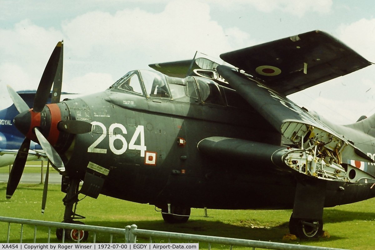 XA454, Fairey Gannet COD.4 C/N F9307, Coded 264/H of 849 NAS. Part of the Fleet Air Arm Museum's aircraft collection on display at RNAS Yeovilton Air Day in August 1972.