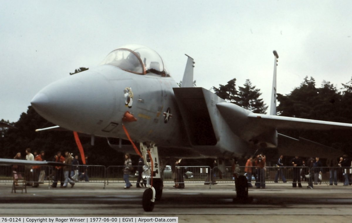 76-0124, 1976 McDonnell Douglas F-15B Eagle C/N 0185/B026, Bitburg Eagle. Coded BT/124 from the 36TFW USAF on display at the IAT held at RAF Greenham Common in June 1977 .