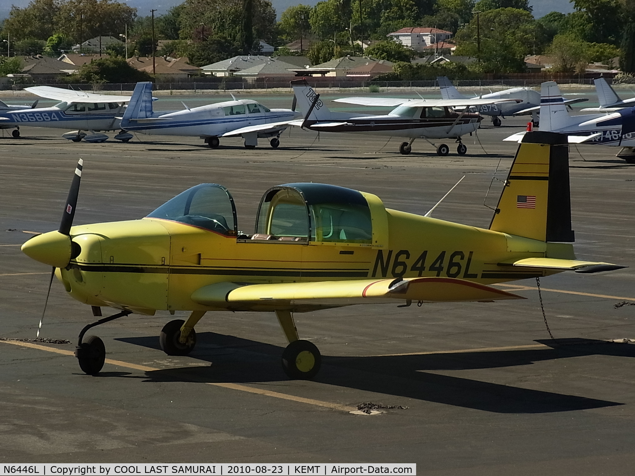 N6446L, 1972 American Aviation AA-1A Trainer C/N AA1A-0446, El Monte Airport, transient parking. A view from the cafe.