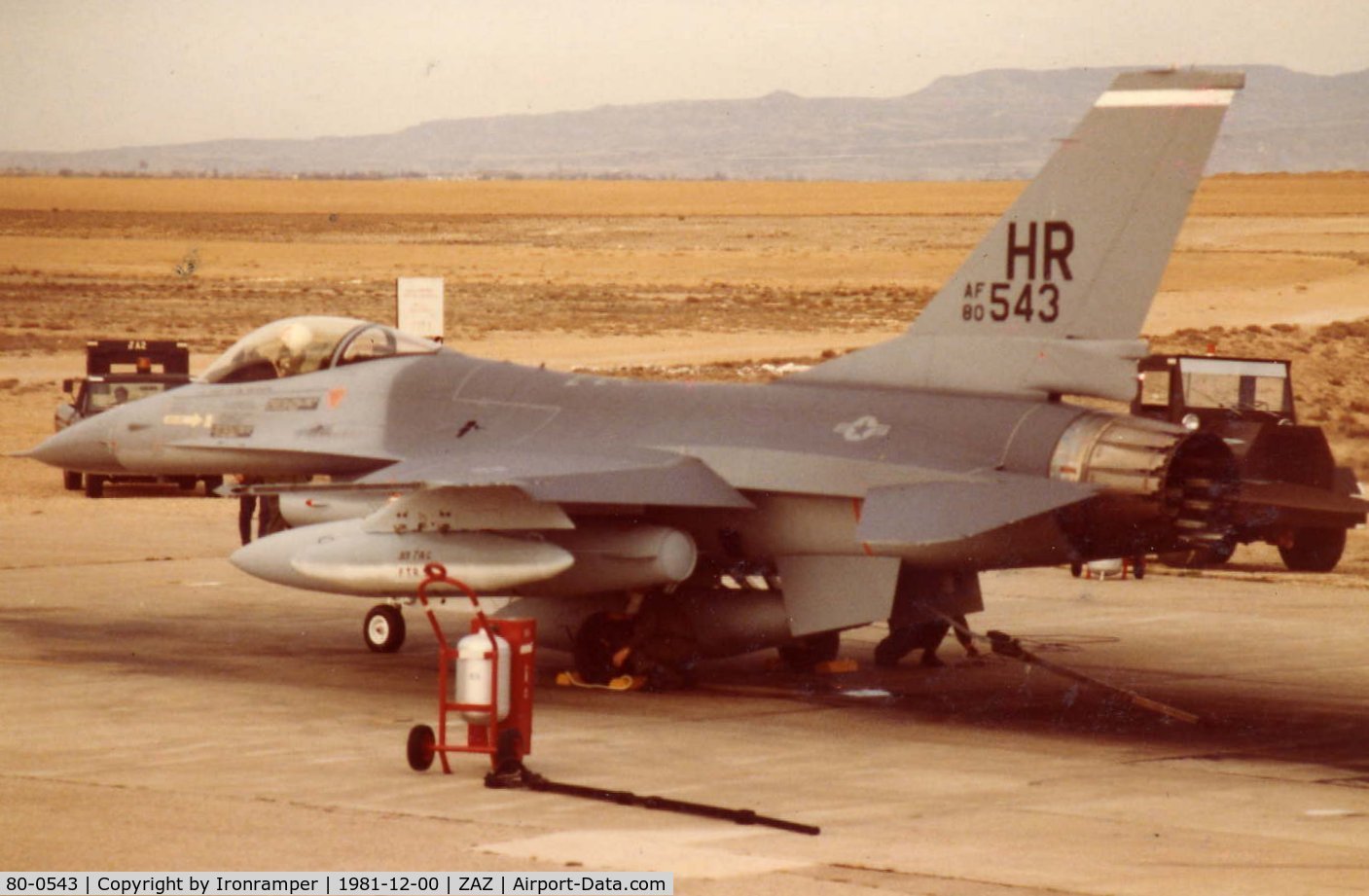 80-0543, 1980 General Dynamics F-16A Fighting Falcon C/N 61-264, 543 was one of the first F-16's assigned to USAF in Europe. Here she is tied down on the trim pad for an engine run. This a/c was assigned to the 50th Tac Ftr Wg/313th Tac Ftr Sqdn, Hahn AB, Germany. Crew Chief SSgt Dennis Wall
