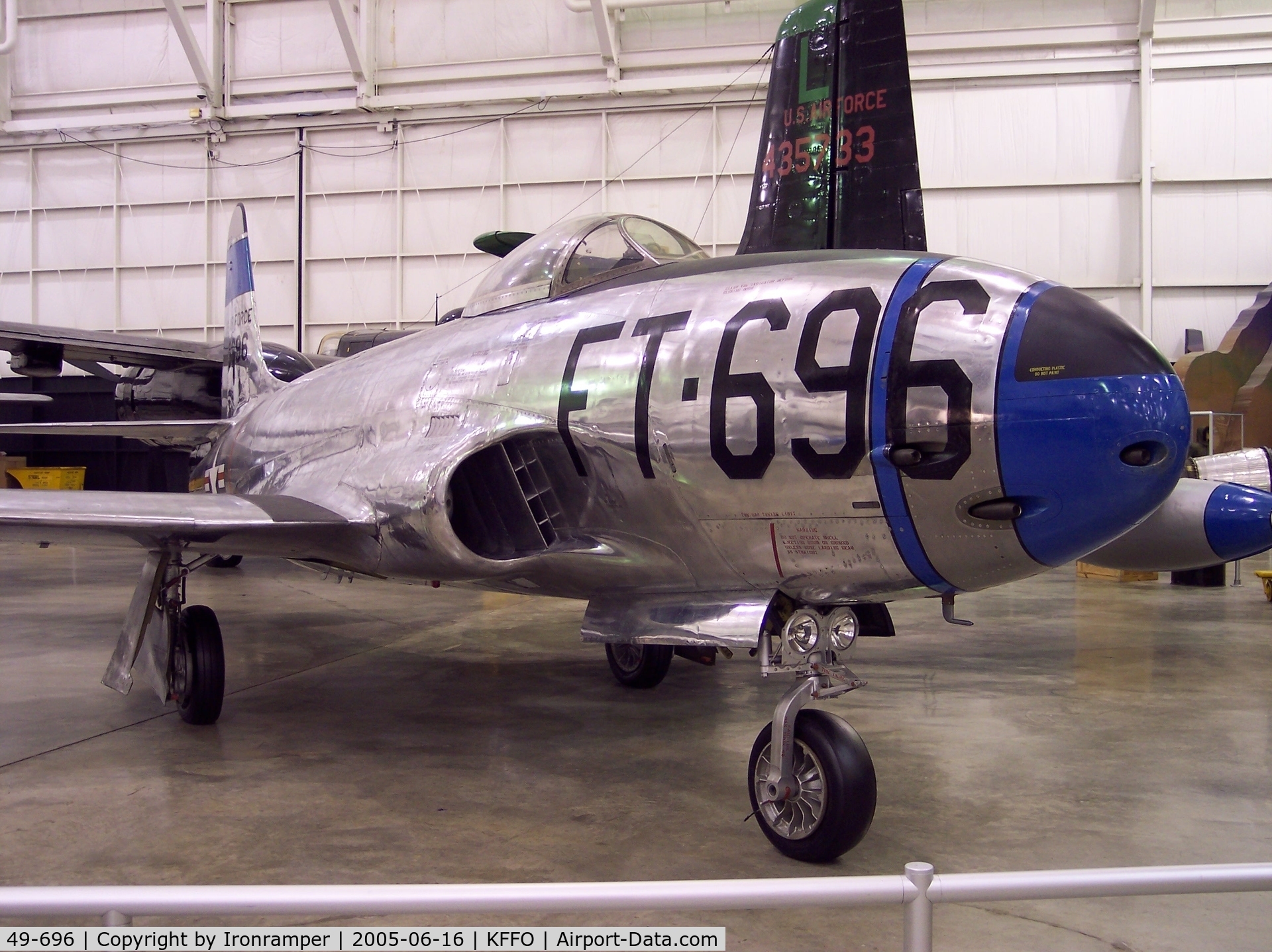 49-696, 1949 Lockheed F-80C-10-LO Shooting Star C/N 080-2340, The F-80C on display is one of the few remaining Shooting Stars which flew combat missions during the Korean War. It is painted in the markings of a unit to which it was assigned in 1950, the 8th Fighter-Bomber Group, 35th Fighter-Bomber Squadron.