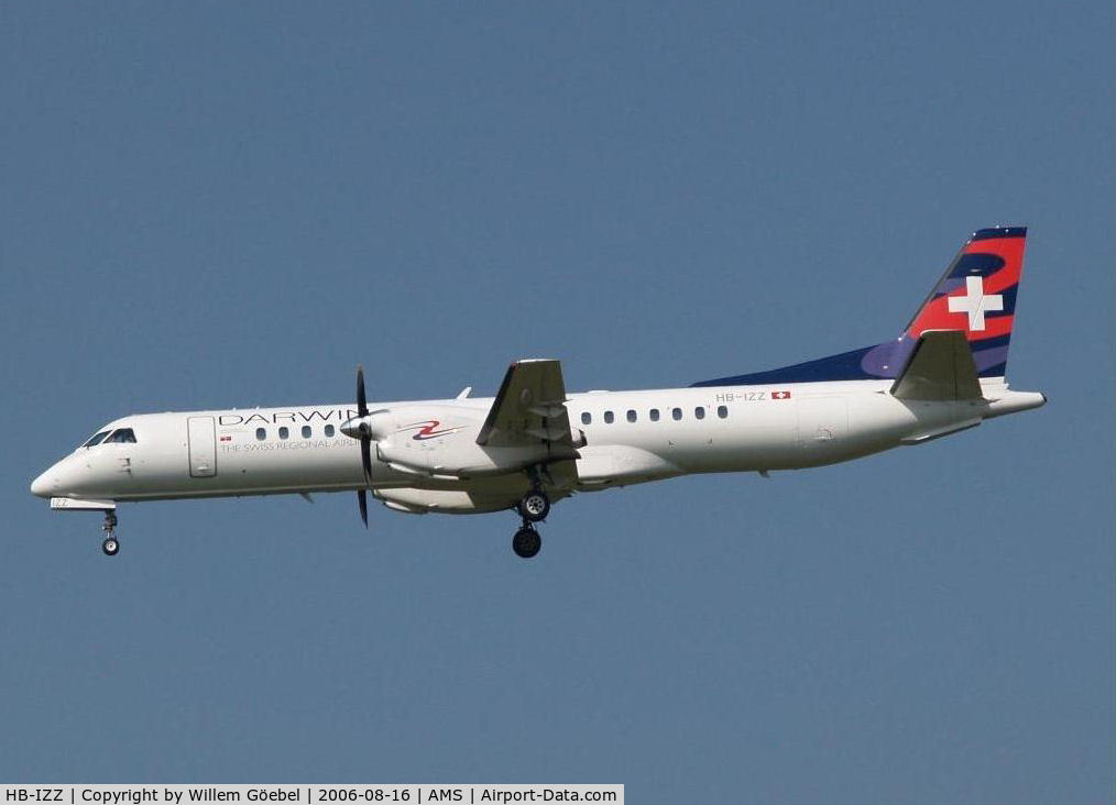 HB-IZZ, 1997 Saab 2000 C/N 2000-048, Landing on runway C18 of Schiphol Airport