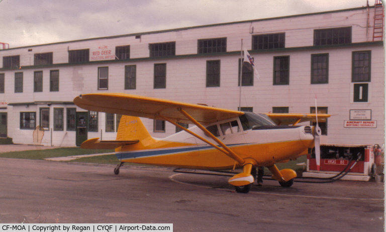 CF-MOA, 1947 Stinson 108-2 Voyager C/N 108-2281, Spring 1980, Red Deer Alberta. After fuselage recovering, rejuvenated wings, new paint scheme and minor restoration. Only about 1900 hours on it. Original 165 heavy case Franklin overhauled a couple of years before purchase but still '0' time.