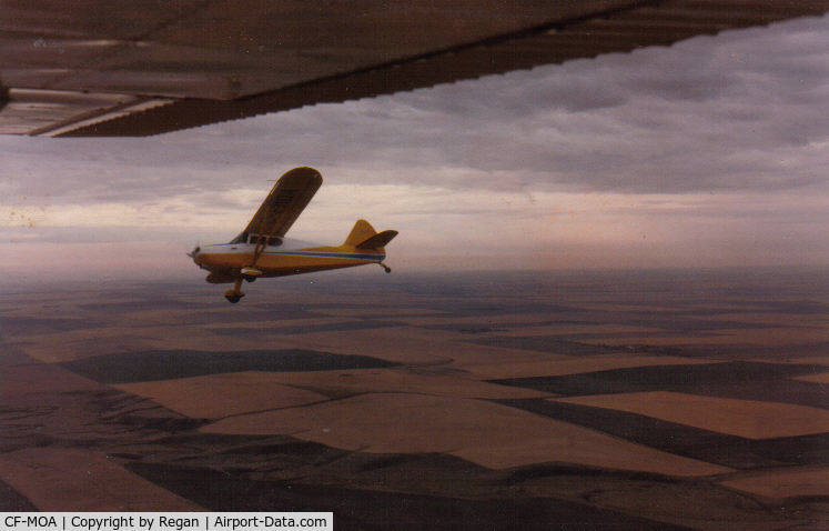 CF-MOA, 1947 Stinson 108-2 Voyager C/N 108-2281, In flight between Calgary and Red Deer 1982. Taken by Dave Jacques from his Cessna 140. Pre arranged photo op. as we passed him by (Chuckle!) 