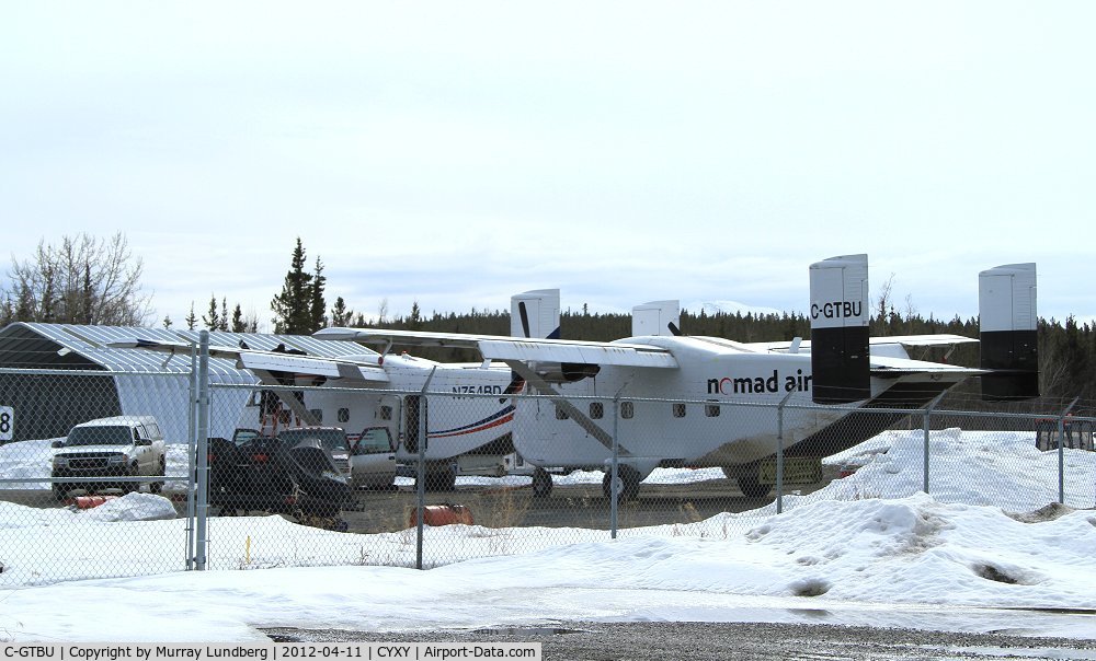 C-GTBU, 1967 Short SC-7 Skyvan 3 C/N SH.1844, Newly arrived in Whitehorse - not a good photo but I'll watch for a better op. The Short in front is N754BD.