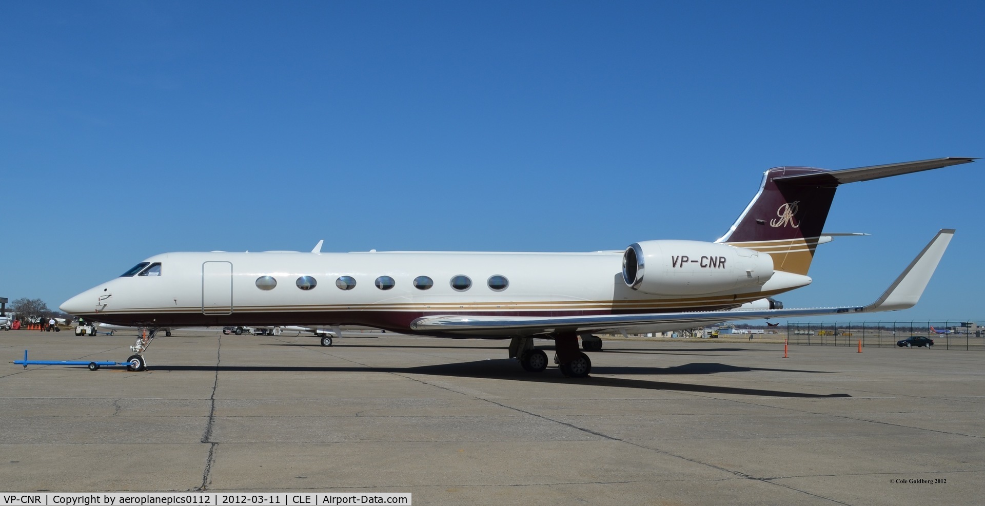VP-CNR, 2006 Gulfstream Aerospace GV-SP (G550) C/N 5113, VP-CNR seen parked at Atlantic Aviation's hangars at KCLE. In, along with other planes, for the Saudi Arabian Crown Prince Nayef bin Abdul-Aziz Al Saud's visit to the Cleveland Clinic.